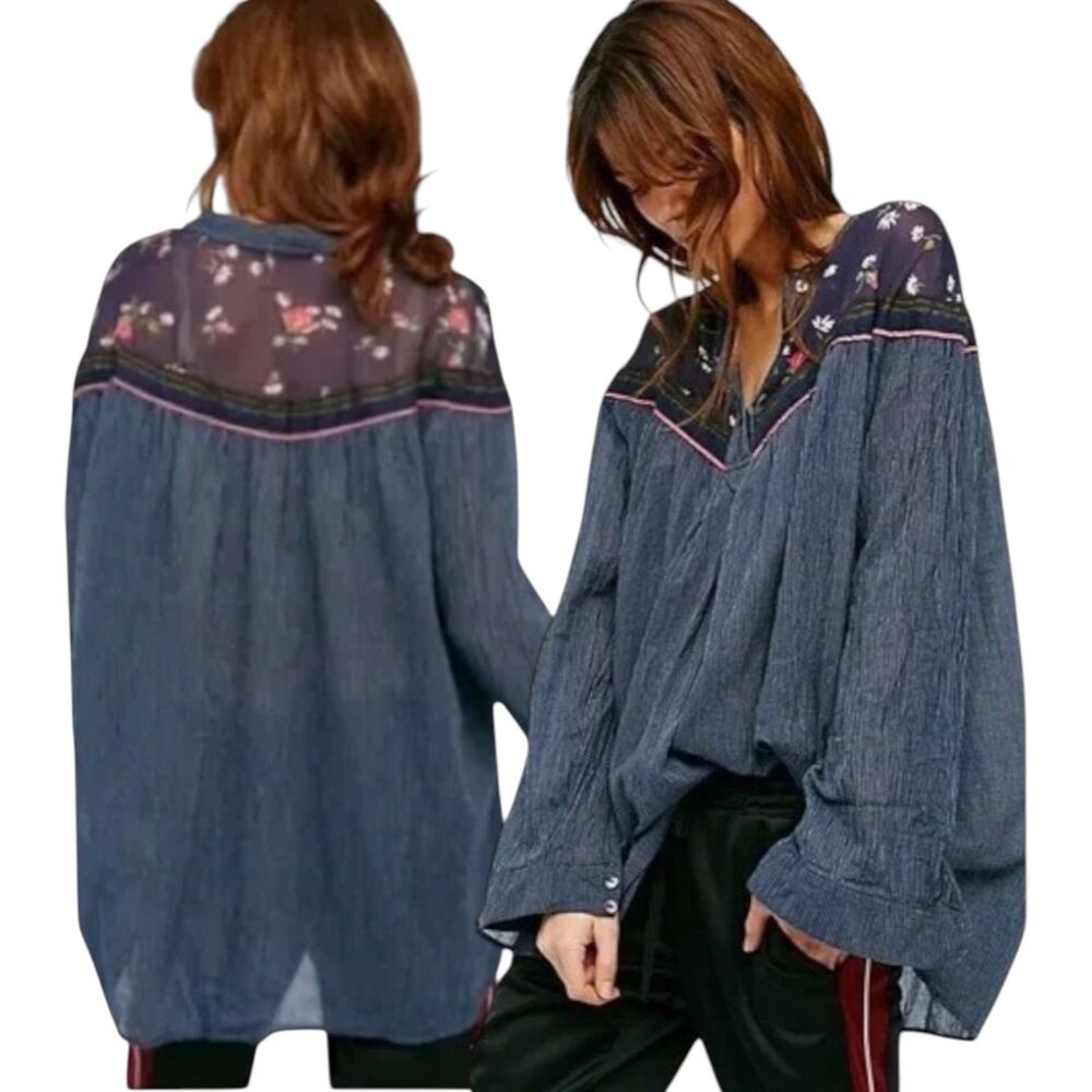 Free People Hearts & Colors Oversized Navy Blouse Sheer Floral Pinstripe small